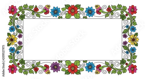 Floral frame illustration with colorful flowers and leaves on white background