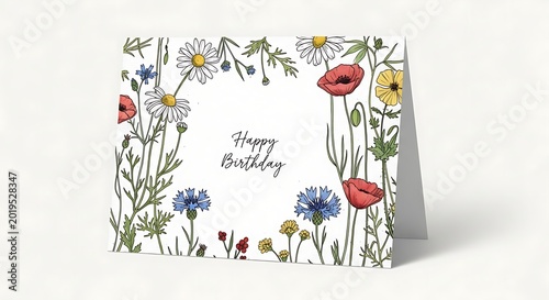 Floral greeting card with happy birthday text and wildflower illustration
