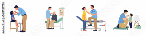 Bild auf Leinwand Illustrations of a male doctor performing medical checkups and throat examinations on various patients including children and an elderly woman