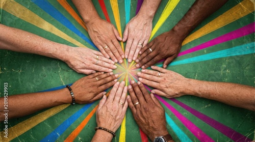 Circle of Diverse Hands in Center of Colorful Starburst Background