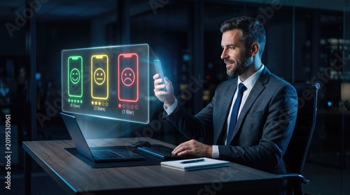 Customer feedback interface with glowing emoji icons, businessman using smartphone for online rating, digital survey and user experience concept