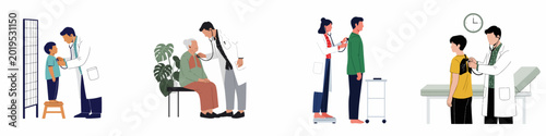 Flat illustration set showing doctors examining various patients including a child, senior woman, and adults with stethoscopes for routine medical checkups.