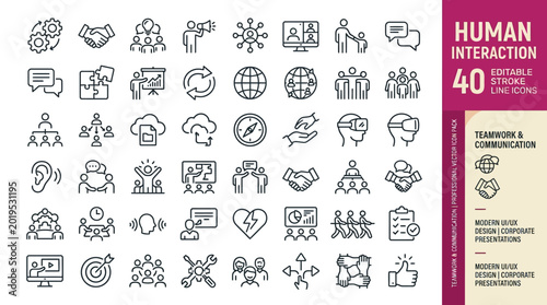 Schilderij op canvas Comprehensive Set of 40 Human Interaction Line Icons Featuring Teamwork, Communication, Social Connection, Business Meeting, Collaboration, and Modern UI Design Elements for Web and Mobile Apps