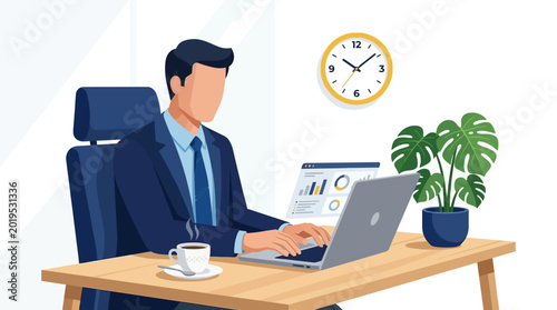 Modern vector illustration of a professional businessman working at a wooden desk with a laptop, coffee, and a monstera plant. A wall clock and data charts highlight productivity and time management.