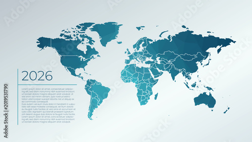 Low poly World Map with country borders. 2026 year sample text. Vector for business, web design, page, cover, global presentation, report, media