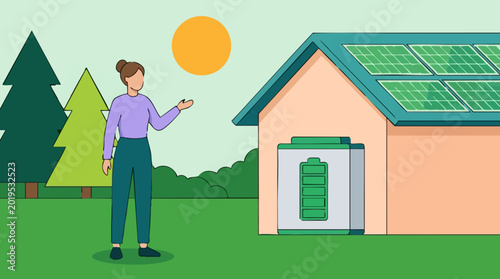 Foto Woman presenting a solar-powered house with battery storage for sustainable ener