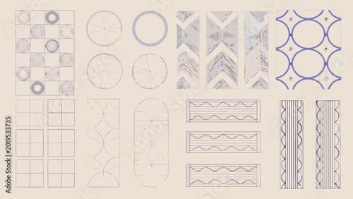 Mid century modern vector design elements structured grid patterns geometric shapes and abstract motifs for graphic design