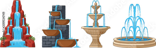 Schilderij op canvas Decorative Water Fountains Set with Cascading Waterfalls, Tiered Fountains, and