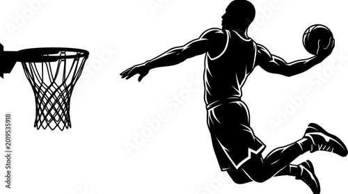Foto Basketball player mid-air dunking into hoop on white background