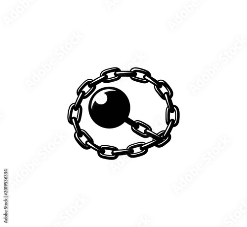 Black silhouette iron ball orbiting chain, top view, transparent background