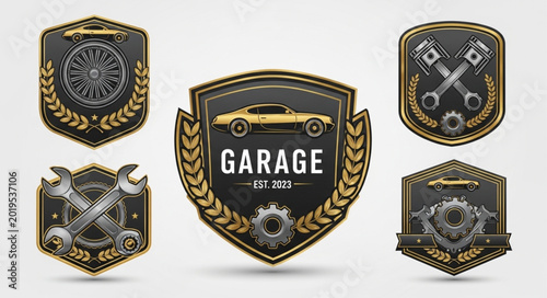 Bild auf Leinwand Collection of Vintage Garage Emblems with Cars and Tools.