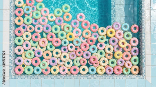 Top View of Vibrant Pastel Donuts Filling a Swimming Pool