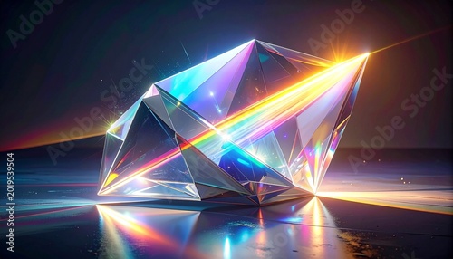 Abstract crystal prism surfaces reflecting rainbow light spectrum, sharp futuristic geometric edges, transparent facets, holographic reflections, bright luminance contrast, angular shards,.