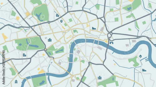 Detailed Map of London City Showing River Thames and Road Network.