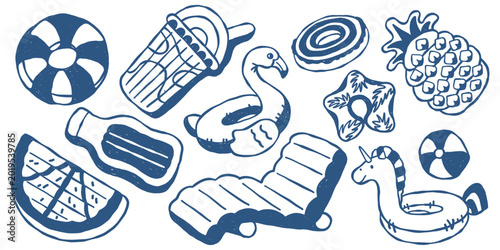 Obraz na płótnie Vector set of hand drawn summer vacation pool float in doodle style