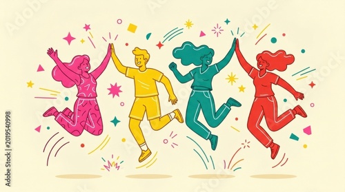 Vibrant Illustration of Happy People Jumping and Celebrating
