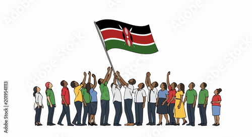 Diverse group holding Kenyan flag illustration with people waving in unity. Vector illustration of national pride celebration featuring colorful attire and diverse faces. Concept for patriotic events,