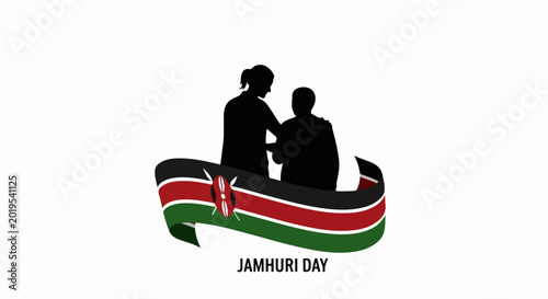 Jamhuri Day celebration vector illustration with silhouettes of people embracing over Kenyan flag. Jamhuri Day graphic design features black silhouettes and national colors.