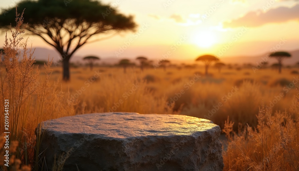 Obraz premium Stone podium on African savanna field at sunset. Acacia trees and dry grass under golden hour light. Rural landscape scenery with warm glow.