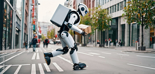 Efficient white humanoid service robot with AI technology delivering a brown package on fast inline-skate wheels through a bustling city street.