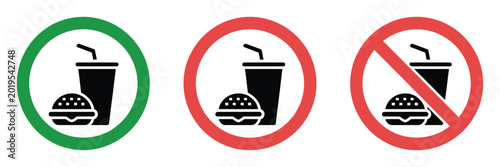 Tableau sur toile No food no drink allowed red circle sign, green allowed round vector icon, 3 pic