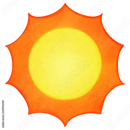 Watercolour sun illustration with a yellow centre and orange rays