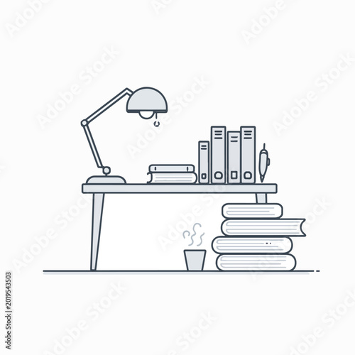 Desk with books and lamp.