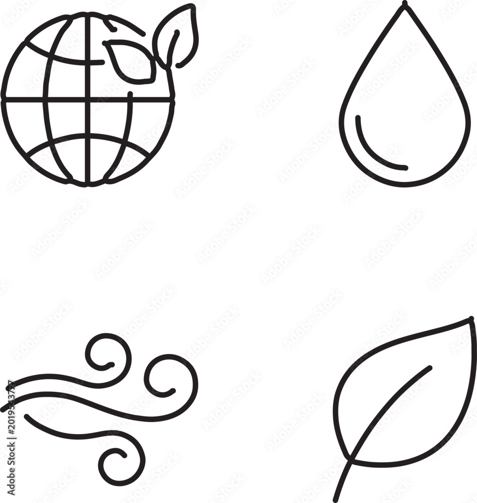 Fototapeta premium Minimalist ecology line icons set of 4 vector elements, sustainable environment symbols featuring earth globe with leaves, water drop, wind breeze swirls