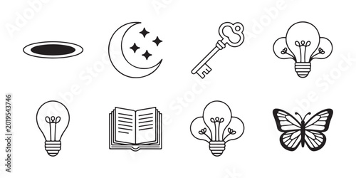 Canvas-taulu Collection of miscellaneous line icons including lightbulb, key, moon, and butte