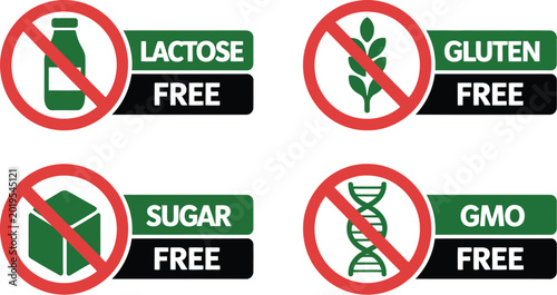 Valokuva Free from food labels vector illustration, minimalist dietary restriction icons for gluten lactose sugar and GMO free product packaging