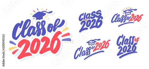 Class of 2026 Graduation Handwritten Vector Five Lettering Text Set. 