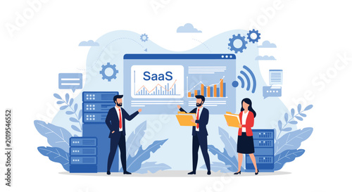Team of professionals manages software as a service operations featuring data charts and server icons in a clean flat illustration style.