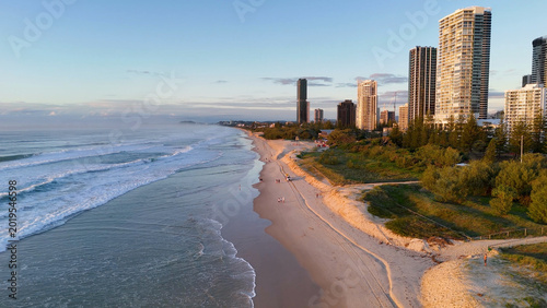 Photography Aerial View of Broadbeach Gold Coast at Sunrise with Skyscrapers and Waves