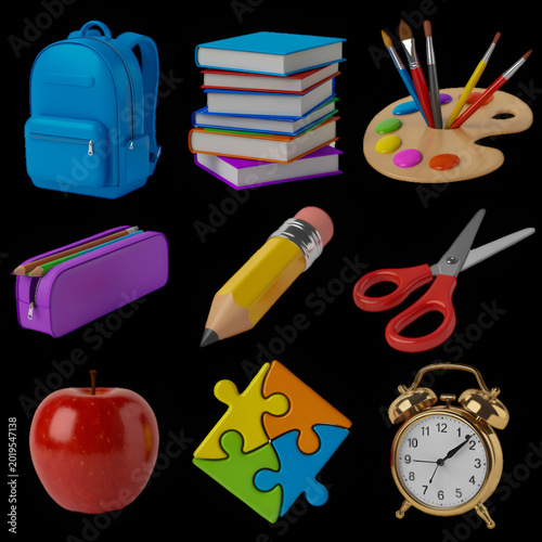 Colorful school and office supplies flat illustration on dark background isolated on transparent background