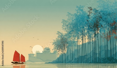 Scenic view of the great wall of china amid bamboo forest with traditional chinese boat sailing on calm waters at sunset