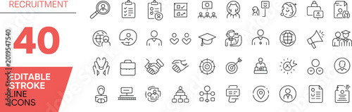 Recruitment Editable Stroke Line Icons Set with 40 Symbols for Hiring and HR employment human resources