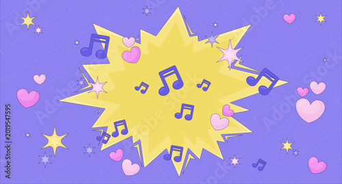 Energetic music burst with hearts and sparkles lofi background. Rhythmic comic pop explosion with musical notes. Lo Fi art aesthetic. 2D flat wallpaper nostalgic illustration. Vector cartoon image