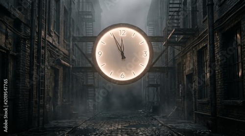 Giant Glowing Round Clock in Dark Foggy Industrial Alleyway Time Travel and Urban Mystery Concept Art