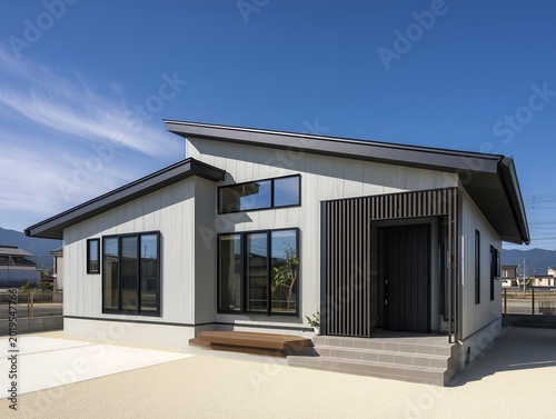 青空の下に建つ片流れ屋根がおしゃれな平屋住宅の外観とモダンな目隠し格子のある玄関