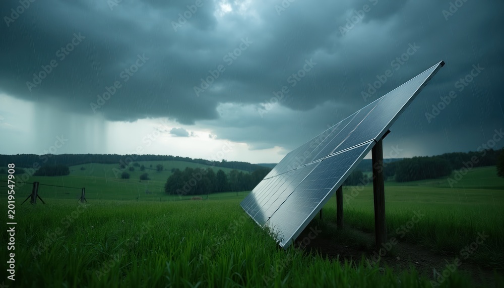 Obraz premium Solar panel stands in green grassy field under dark stormy sky with heavy rain falling. Renewable energy source in rural landscape faces bad weather conditions. Future power generation.