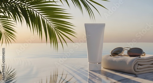 Sunscreen Tube and Sunglasses on Marble by Infinity Pool