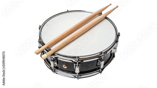 Small white musical snare drum with dynamic wooden drumsticks for marching band or orchestra performance on transparent background
