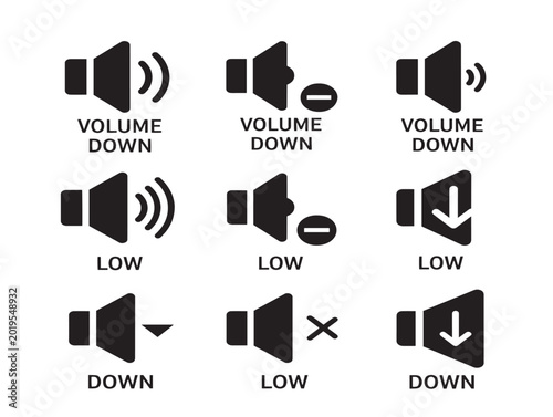 Vector volume control icons with down and low sound levels illustration