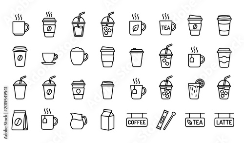Photos Disposable coffee and tea cup outline icon collection with editable beverage vec