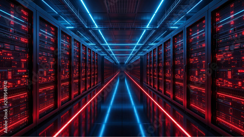 Photos Futuristic data center room with server racks and neon lights