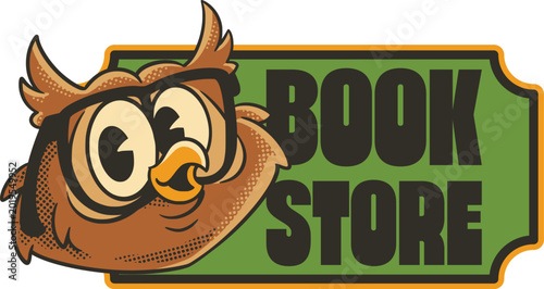 Vintage book store sign with cheerful owl mascot wearing glasses beside bold black lettering on a green rectangular education label