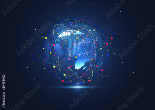 Digital globe earth planet with technology network lines