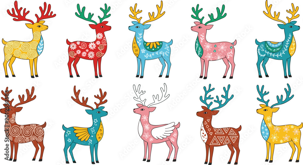 Obraz premium Colorful Decorative Reindeer Vector Set with Unique Patterns and Designs