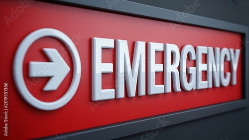 Emergency sign, red directional arrow, warning indicator, crisis symbol