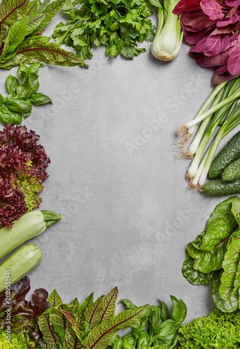 Fresh vegetable border composition on gray concrete background